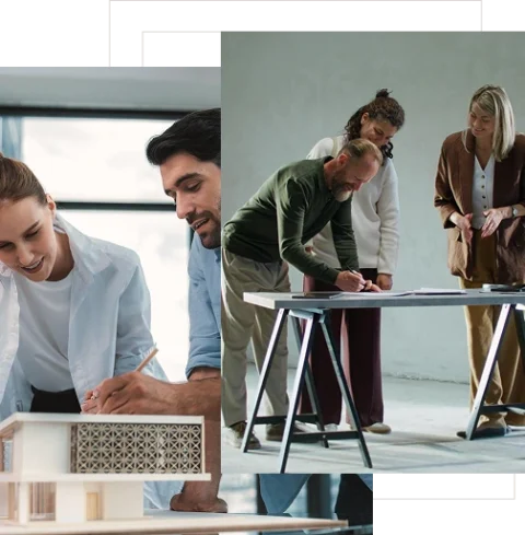 A diverse group of architects collaborates on designs.