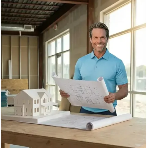 Patrick holds architectural blueprints next to a house model on a wooden table.